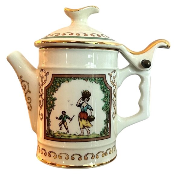 Vtg Aurora Ceramiche Made Italy Porcelain Teapot Hinged Lid & Gold Trim 4.5" Tal - Picture 1 of 9